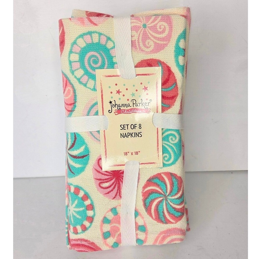 Johanna Parker Christmas Pastel Pink And Teal Blue Candy Cane Print Napkins Set